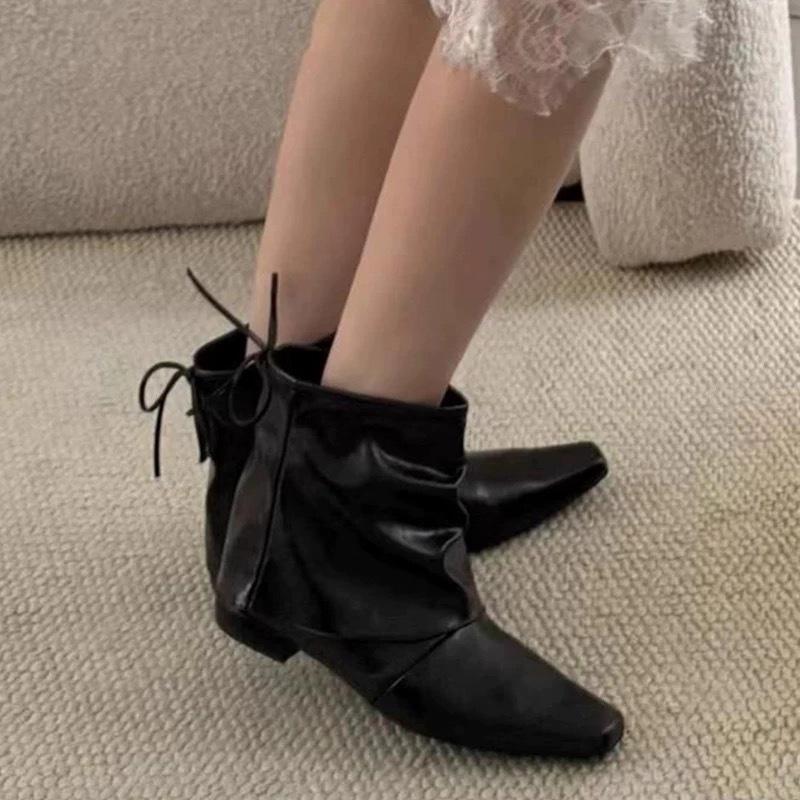 Edition~ Korean Niche Pleated Square Head Bow Fashion Trouser Tube Boots Short Boots Women'S Thick Heel Wide Tube Women'S Boots