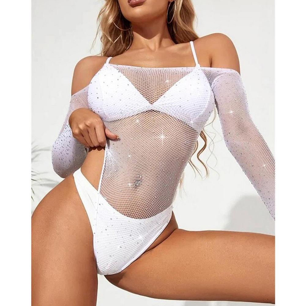 Sexy Erotic Rhinestones Bodysuit See Through Fishnet Long Sleeve Off Shoulder Tights Sexy Lingerie Porn Bodystocking Costumes