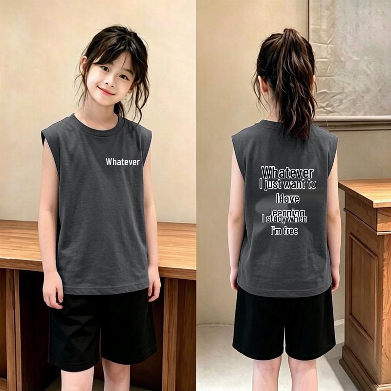 Korean Style Girls' Casual Cotton Vest T-shirt Set for Summer, Ages 6-12