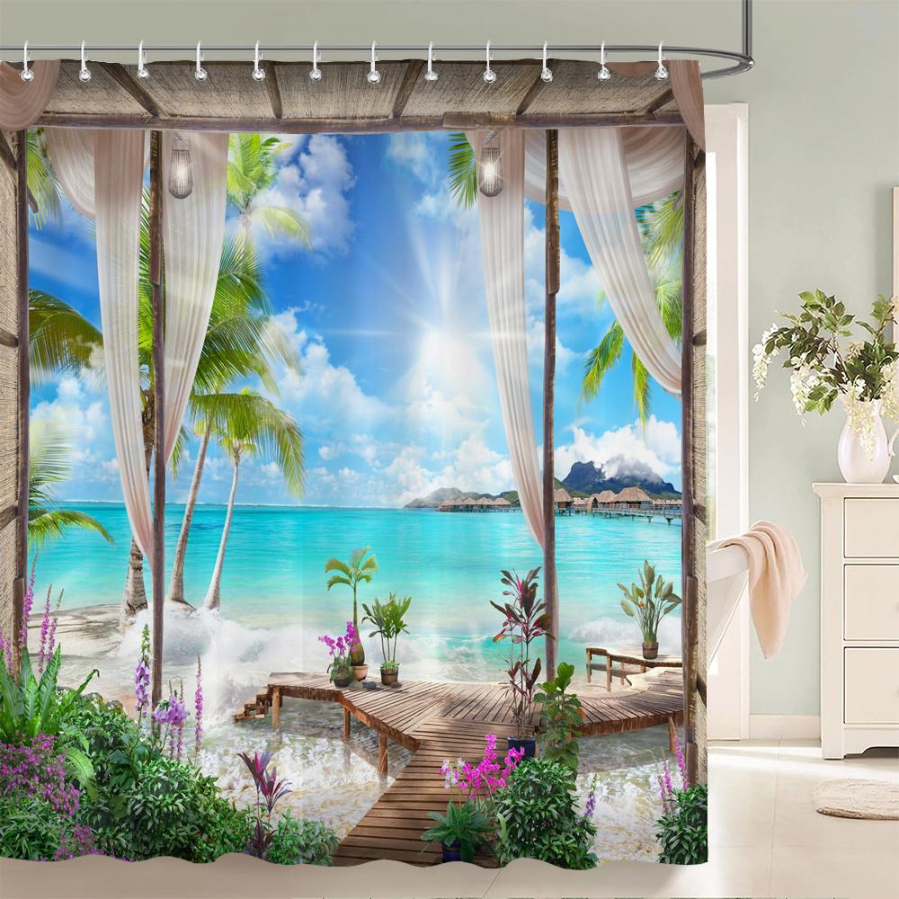 European Garden Patio Landscape Shower Curtains Beach Flowers Bathroom Curtain for Bathroom Polyester Waterproof Shower Curtain