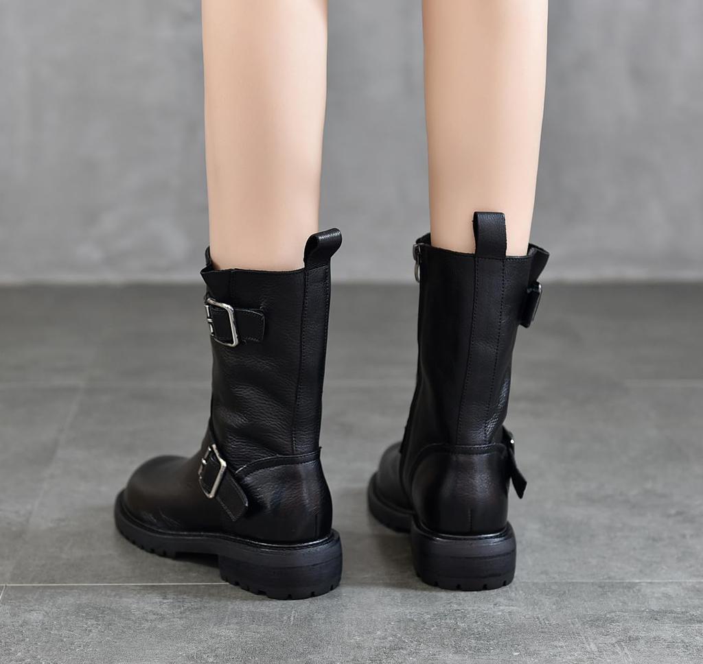 Short Round Genuine Side Low Western Easy to Walk [ZUYEE] Women's Boots, Toe, Leather, Zip, Belt, Heel, Engineer, Mid-Length Boots, Boots, in, Black,