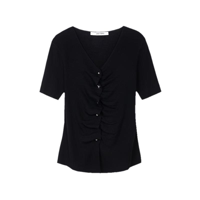 Langzi V-Neck Lyocell Blend Short Sleeve Knit Cardigan 2XL чёрный