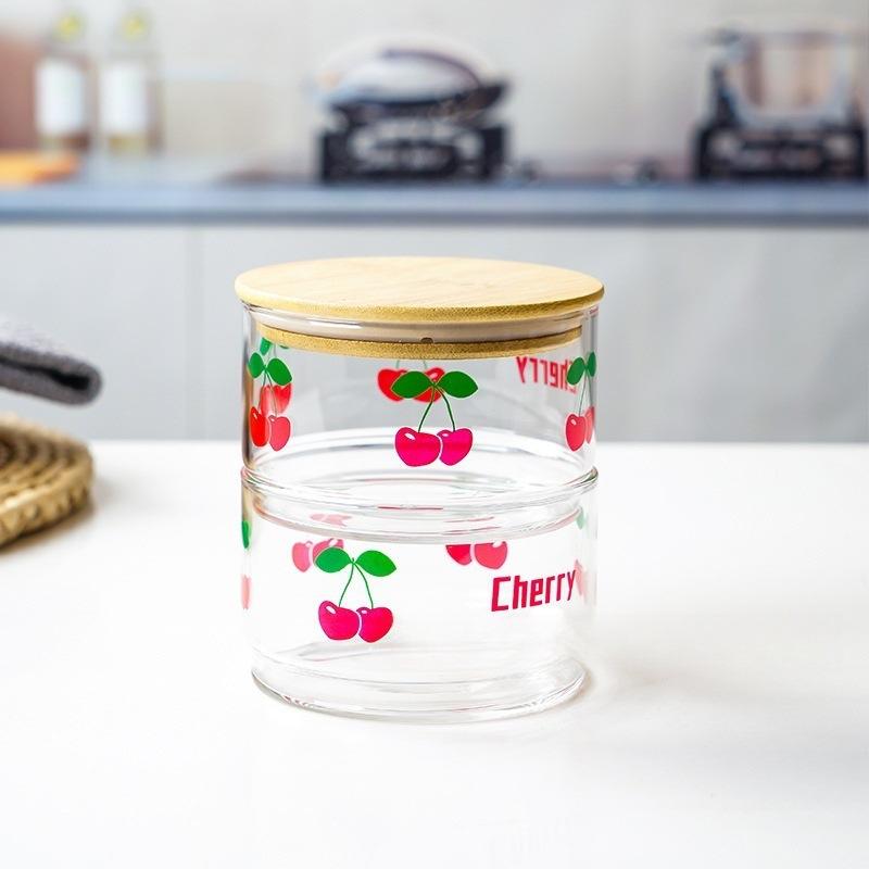 

Корейская стеклянная миска для клубники с бамбуковой крышкой, милая вишневая коробка для закусок, емкость для фруктов, свежий контейнер, банки с крышкой для кухонного хранения, банка