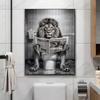 Funny Bathroom Lion Sitting On Toilet Reading Newspaper Poster Modern Wall Art HD Picture Canvas Print For Room Home Decor