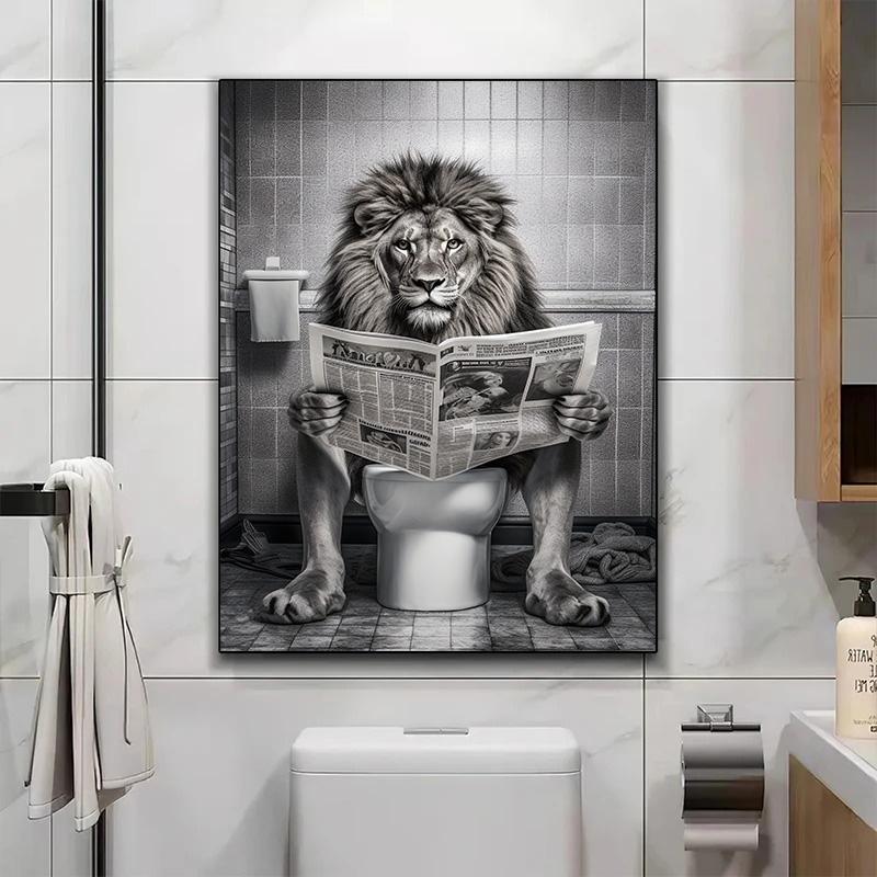 Funny Bathroom Lion Sitting On Toilet Reading Newspaper Poster Modern Wall Art HD Picture Canvas Print For Room Home Decor