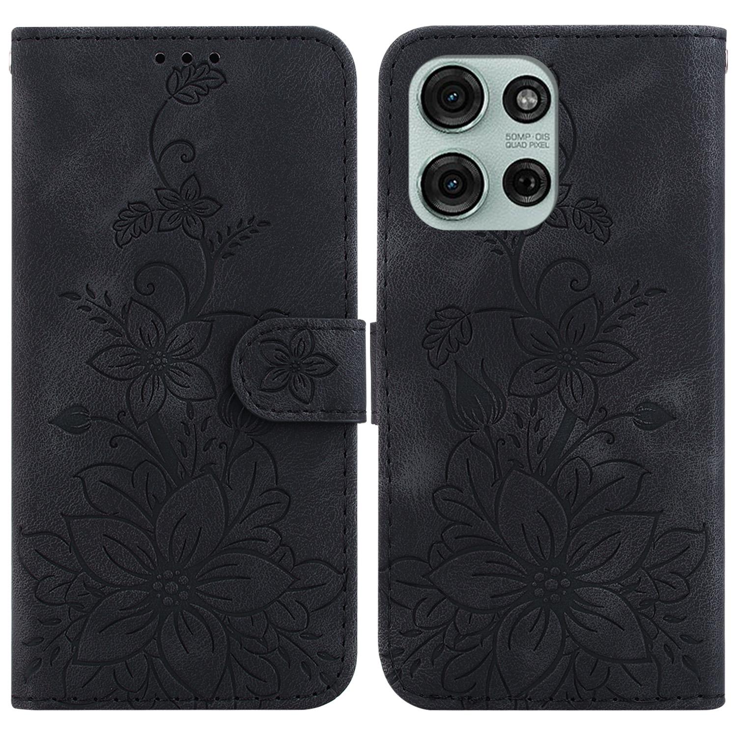 

For Motorola Moto G75 5G Case Lily Flower Imprint Leather Phone Cover with Stand Black