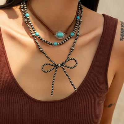 Vintage CCB Beaded Bow Necklace for Women Gothic Adjustable Clavicle Chain Neck Jewelry Y2K Accessories