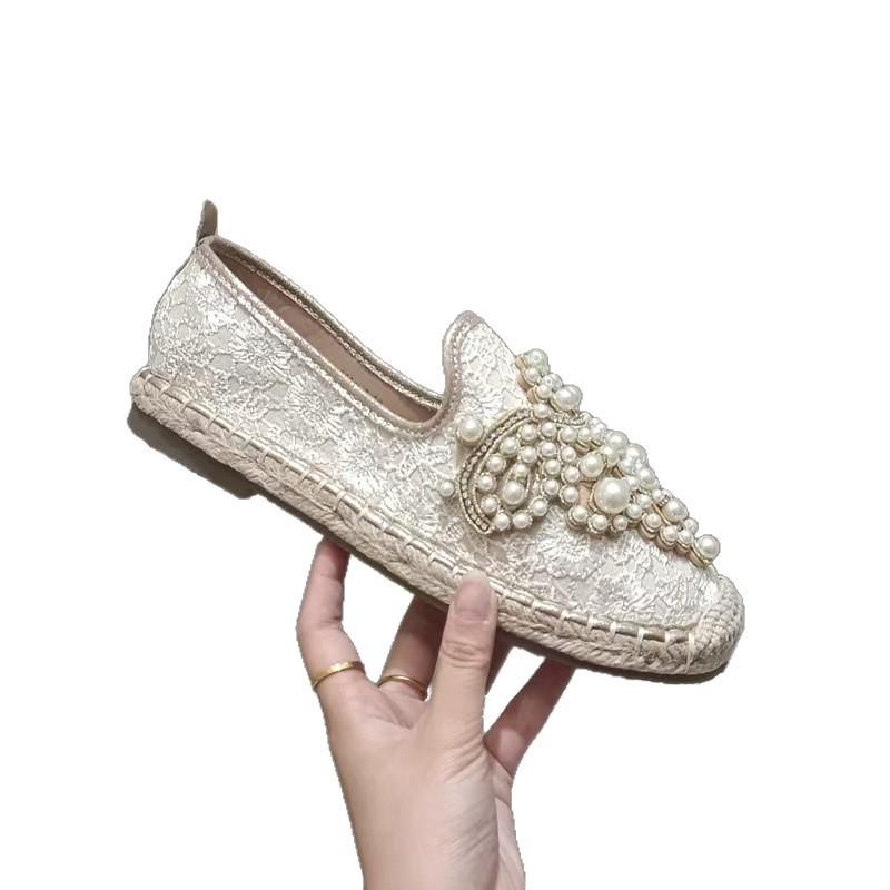 Baotou Korean version of rhinestone straw woven fisherman shoes women's linen flat bottom semi-drag versatile satin lace lazy women's shoes