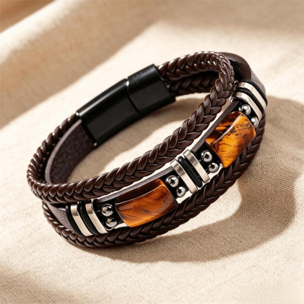 Adjustabl Leather Bracelet Multi-Layer Beaded Bracelet Tiger Eye Stone Bracelet  Women