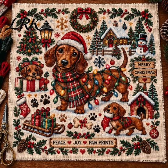Holiday Animal Needlepoint Patterns Christmas Cross Stitch Kit, Embroidery Starter Seasonal Handmade Present for Friends Pattern, Festive Craft