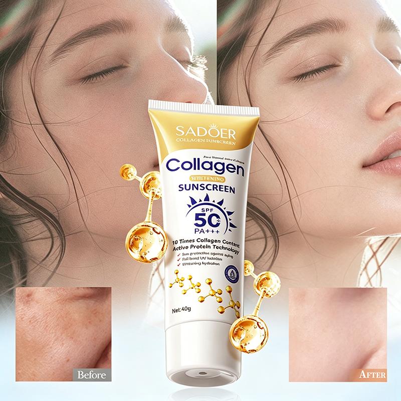 SADOER Kolagenový opalovací krém SPF50+ Bělící & Antioxidační složení Plná ochrana UVA/UVB Hydratační Prodyšný Nemastný Denní opalovací krém