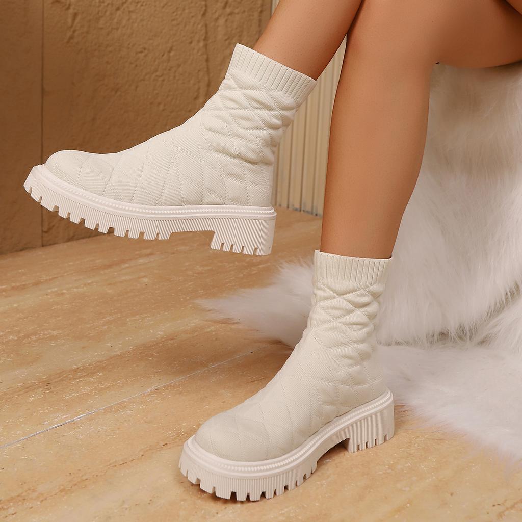 Stivaletti Sock con Tacco a Blocco Autunno Nuovi Punta Tonda Piattaforma Manica Suola Morbida Antiscivolo Resistenti all'Usura Stivaletti