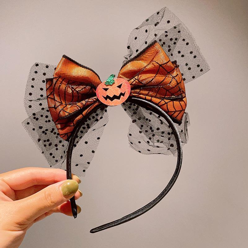 Quirky Pumpkin Bow Mesh Headband for Kids - Halloween Skull Witch Hair Accessory