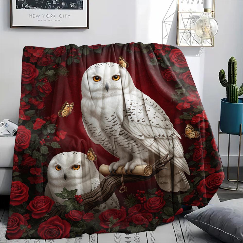 1PC Red Rose Owl Print Flannel Blanket, High Quality All Seasons, Home Decor, Warmth and Comfort, Perfect for Christmas Gifts