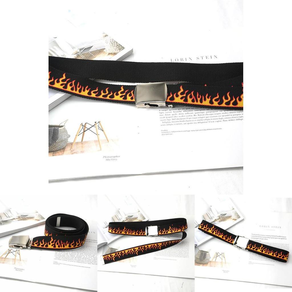 Fashionable Flame Pattern Metal Buckle Decoration Woven Canvas Belt For Men And Women Casual Style