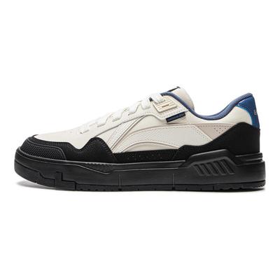 Li Ning Common Anos 80 Confortável Versátil Antiderrapante Leve Tênis de Skate Cano Baixo Masculino Bege Preto AGCU157-3