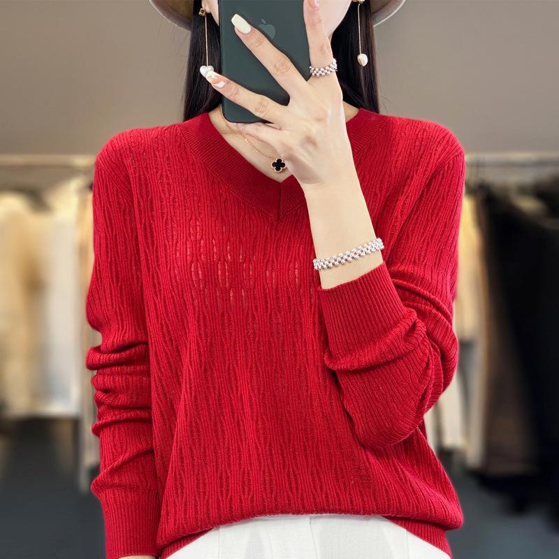 Summer 2025 Women's Plus Size V-Neck Long Sleeve Hollow Out Knit Sweater Cardigan Blouse