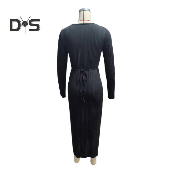 Fall Winter Women Dress V Neck Threa Loose Long Sleeves Solid Color Knitted Slim Waist Maxi Dress Stretchy Casual Dating Commuting Dress