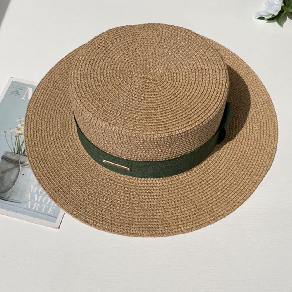 Luxury Elegant Women Summer Straw Hat Flat Top Boater Cap Folds Silk Pearl Decor Hand Weave Wide Brim Sun Hat Panama Fedora