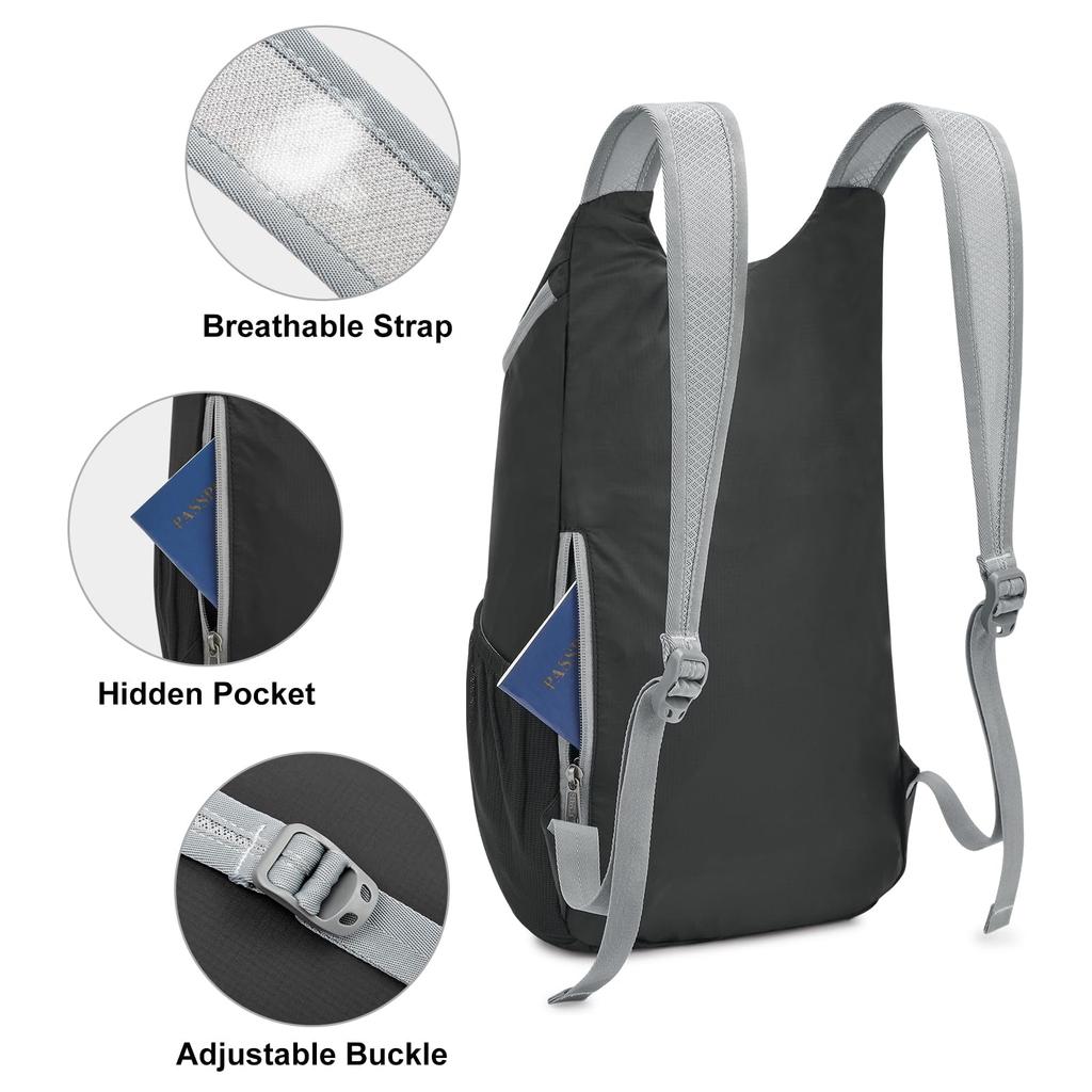 11L Hiking Ultra Packable Travel Bag for Daypack [G4Free] Backpack, Small, Lightweight, Backpack, Women, Men, Casual, Outdoor, Camping, (Black)