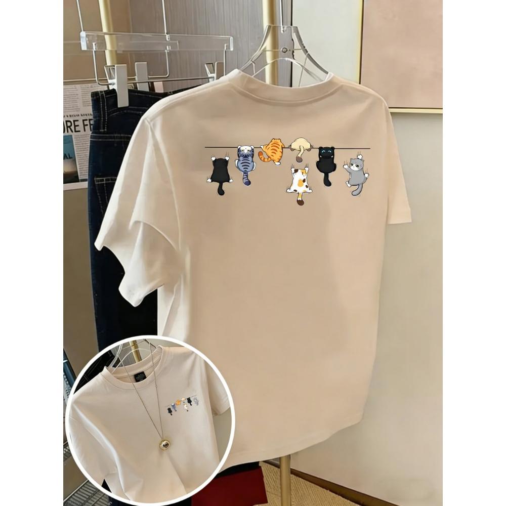 Cartoons Cats Prints T-Shirts Summer Womens Cotton T Shirts Basic O-Neck Oversized Short Sleeve Tops Casual Street Woman Clothes