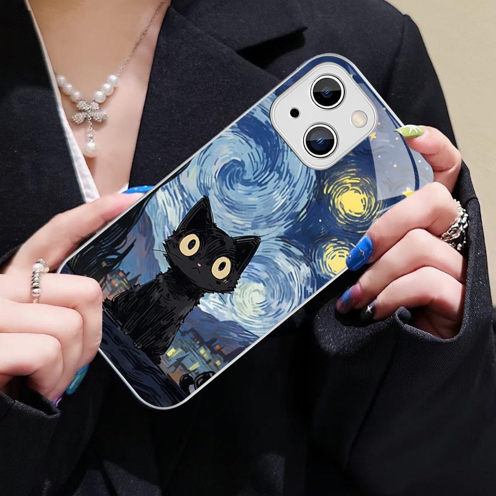 Starry Sky Cat Phone Case For IPhone 14 13 12 Mini 11 Pro XS Max X XR 14 Plus Tempered Glass Cover