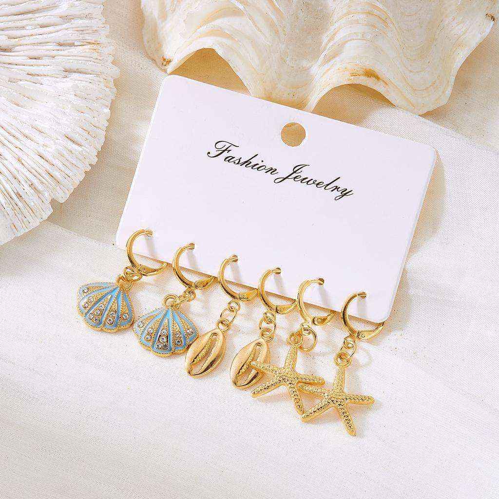 6Pcs Boho Starfish Shell Scallop Earring Set For Women Imitation Pearl Metal Geometric Earring Beach Party Versatile Jewelry