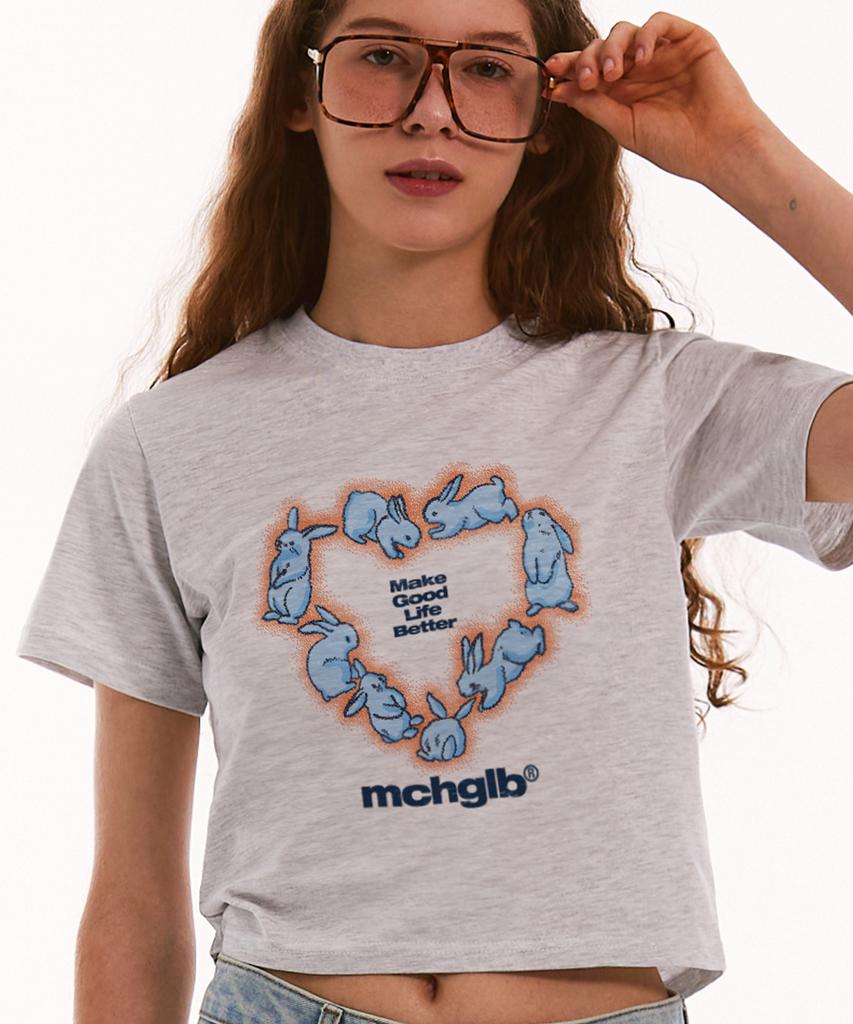 MATCHGLOBE Heart Rabbit Crop Top (Light Melange)