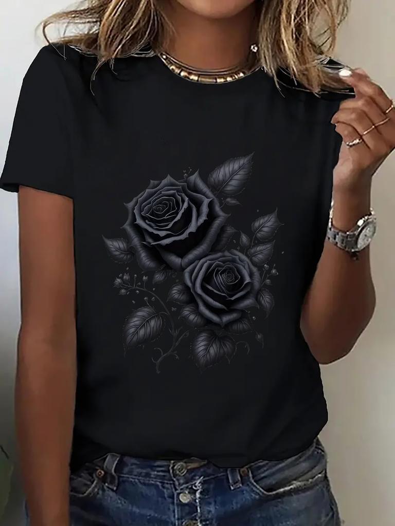 Women's Black Rose Floral Print Breathable Stretchy Round Casual Casual Attire & Sports Women's Harajuku Short Sleeve Casual