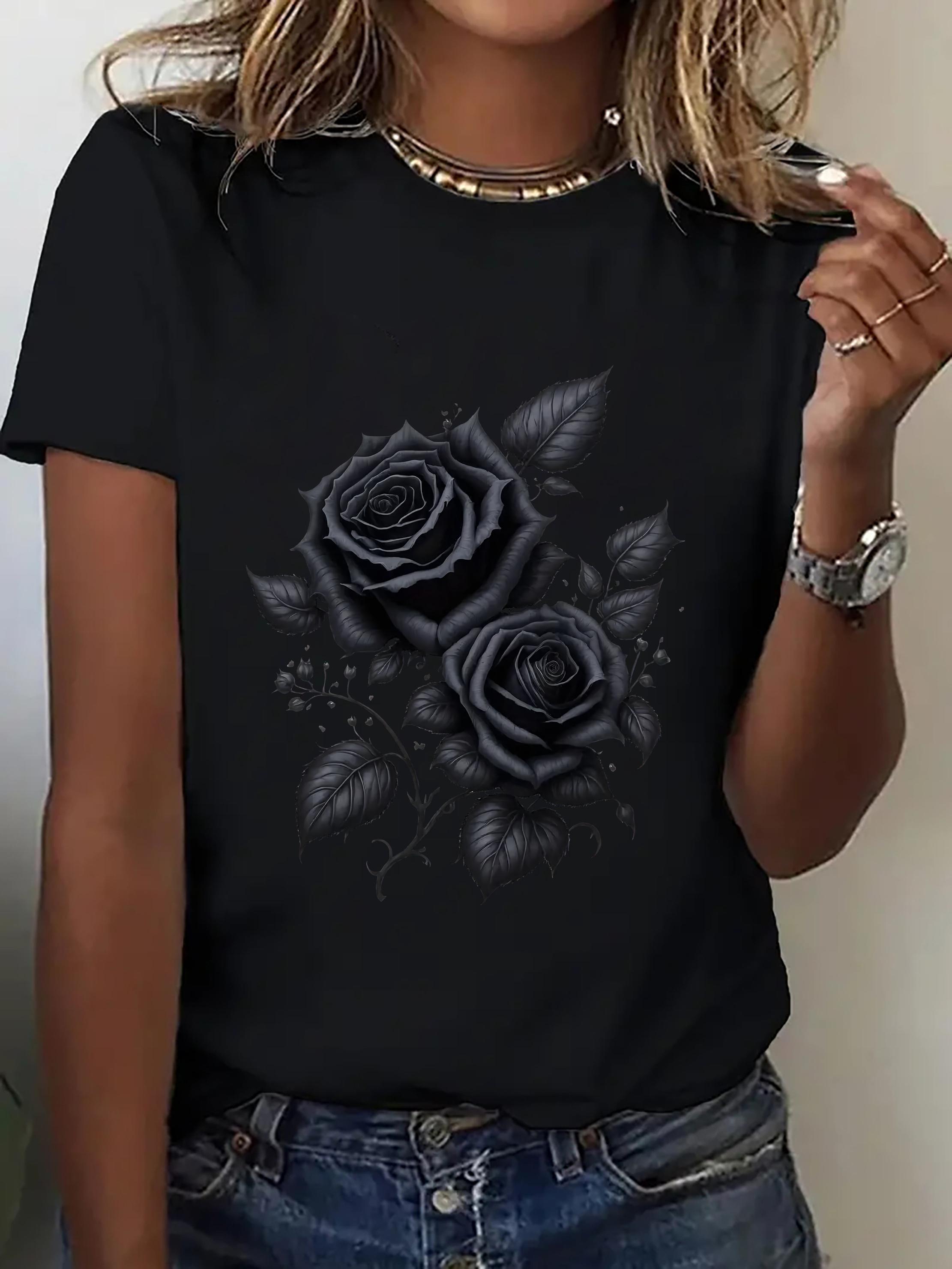 

Womens Black Rose Floral Print Breathable Stretchy Round Casual Attire Sports Womens Harajuku Short Sleeve Clothing 4XL