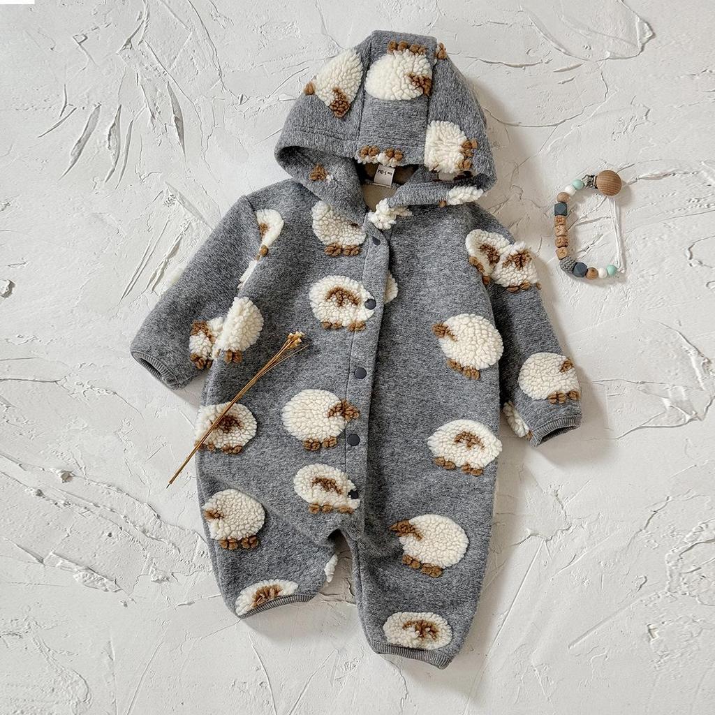 2025 New Winter Baby Cartoon Hooded Velvet Romper Jumpsuit