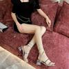 Fashion Snake Print Med Heels Sandals Women 2024 Summer Silver Crystal Ankle Strap Gladiator Shoes Woman Square Toe Clear Heel Sandalias