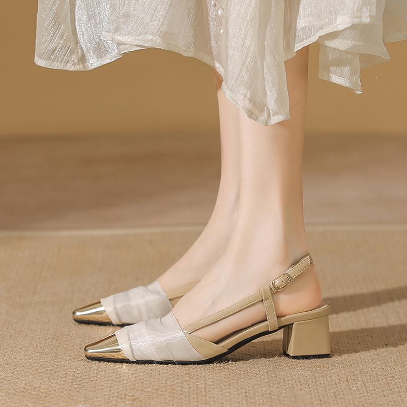Mary Jane Bag Head Sandals Female New Summer Fairy Wind Empty Nude Word with Thick Heel High Heels