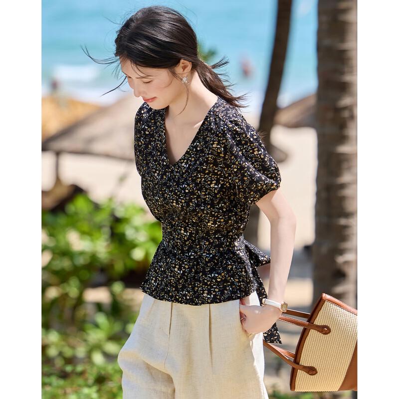 French Elegant Floral V-Neck Bow-Tie Women's Shirt