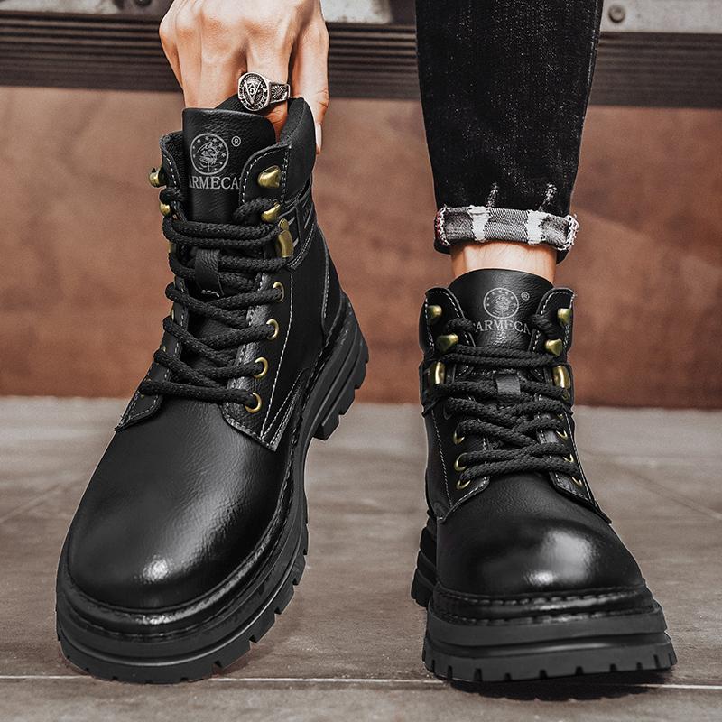 

Fashion 2025 New Mens High Top Boots Thick Soled Anti Slip Work Shoes Fashionable Multifunctional Street Vintage Men Platform Ankle Boot 38 чёрный