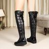 Frost Winter Warm Over the Knee Snow Boots Women Thick Cotton Padded Down Waterproof Shoes Bow Patchwork Leather Wedge Long Boot