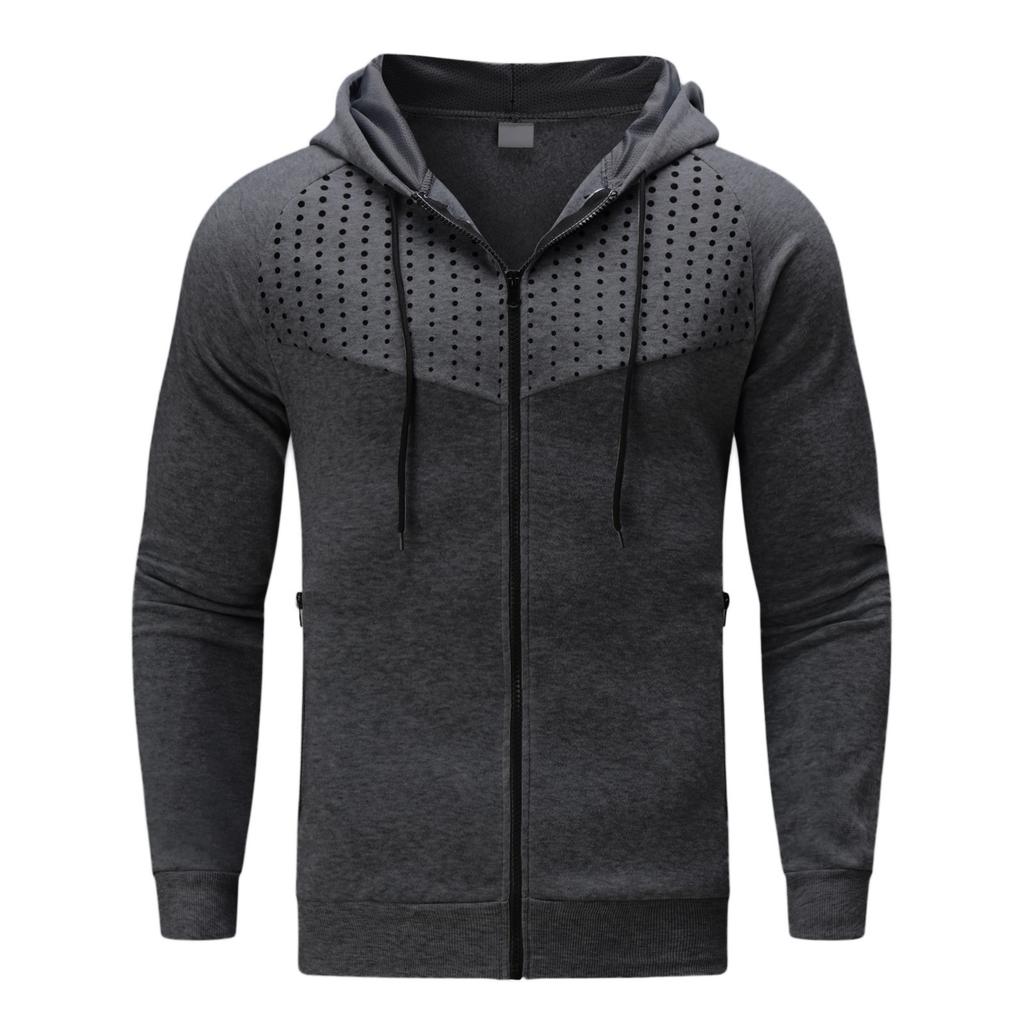 Autumn Winter Men Long Sleeve Sweatshirt Polka Dot Print Hooded Zip Up Pocket Casual Hoodie Men's Sports Coats