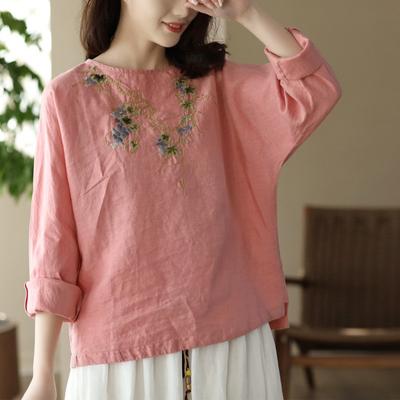 Frauen Vintage Stickerei Floral T-Shirts T-Shirts Leinen Chinesischen Stil Kleidung Frühling Frauen T-Shirts