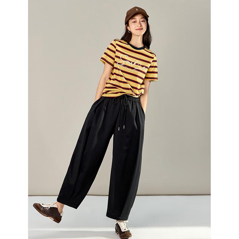 INMAN Women's Embroidered Striped Round Neck T-Shirt