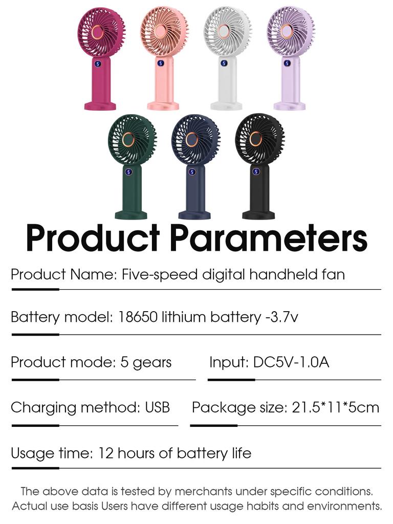 Multi Functional Fan Mini USB Handheld Portable Student Small Fan with 5 Modes Digital Display 1200mAh Desktop Electric Fan
