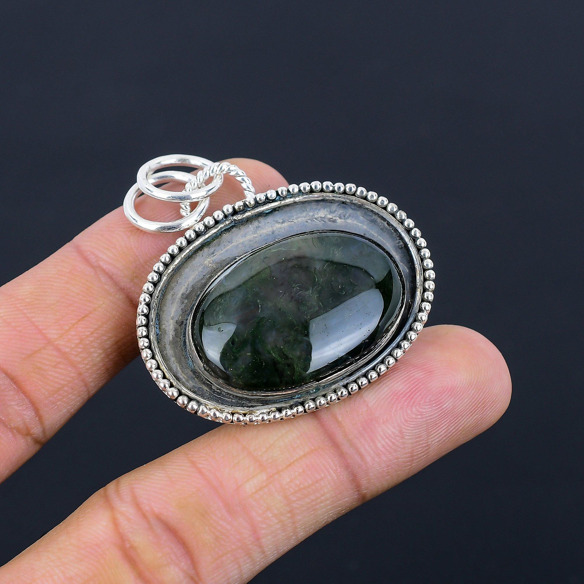 Oval Solar Moss Agate Gemstone Engagement Bezel Mother Ethnic Pendant 925 Silver