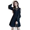 2026 Spring Women's Elegant A-line Polka Dot Long-Sleeved Dress with Mesh Patchwork and Lace-up Details