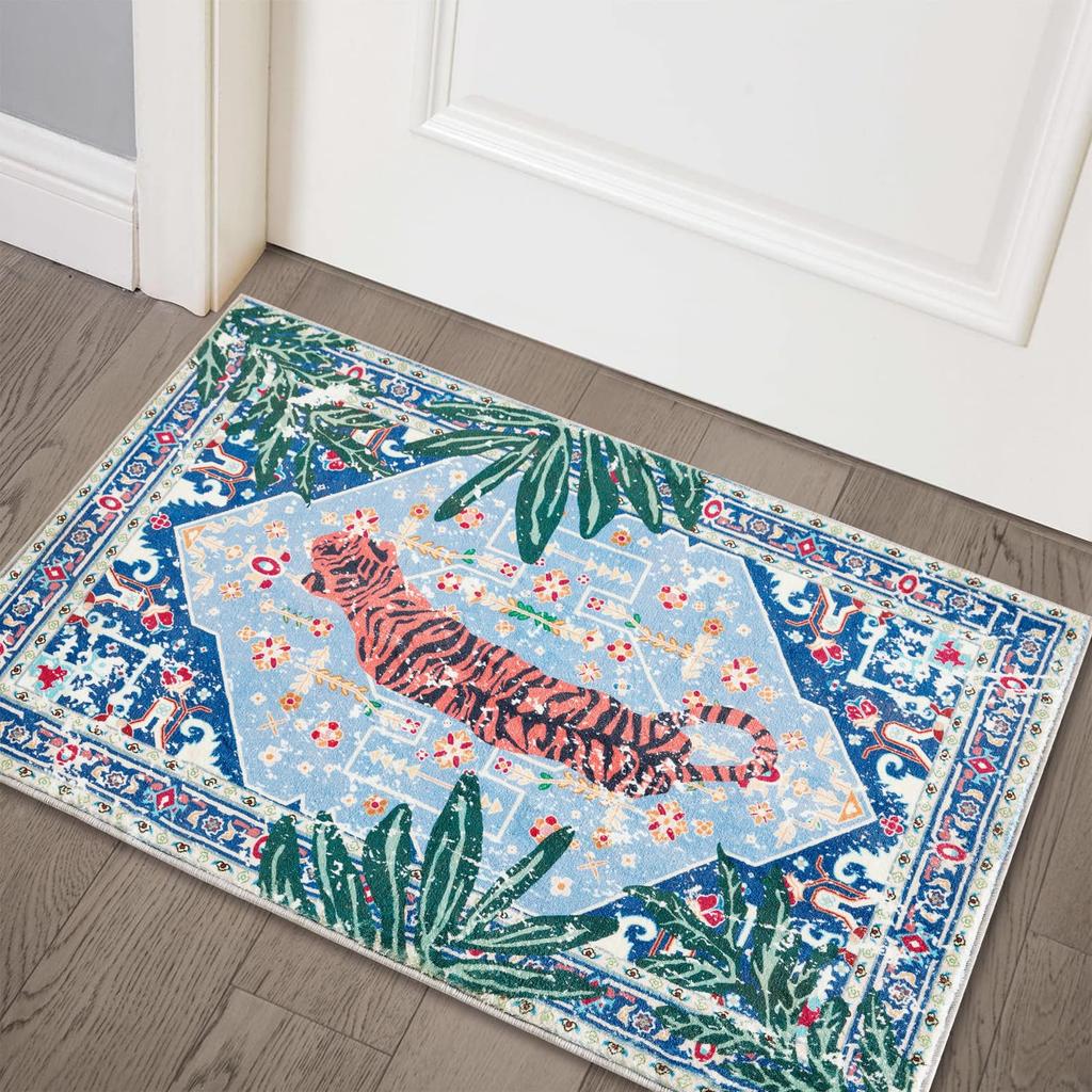 Door Mat Pink Background Tiger & Tropical Palm Leaf Pattern Carpet Non Slip Print Entryway Rug for Boho Home Decoration