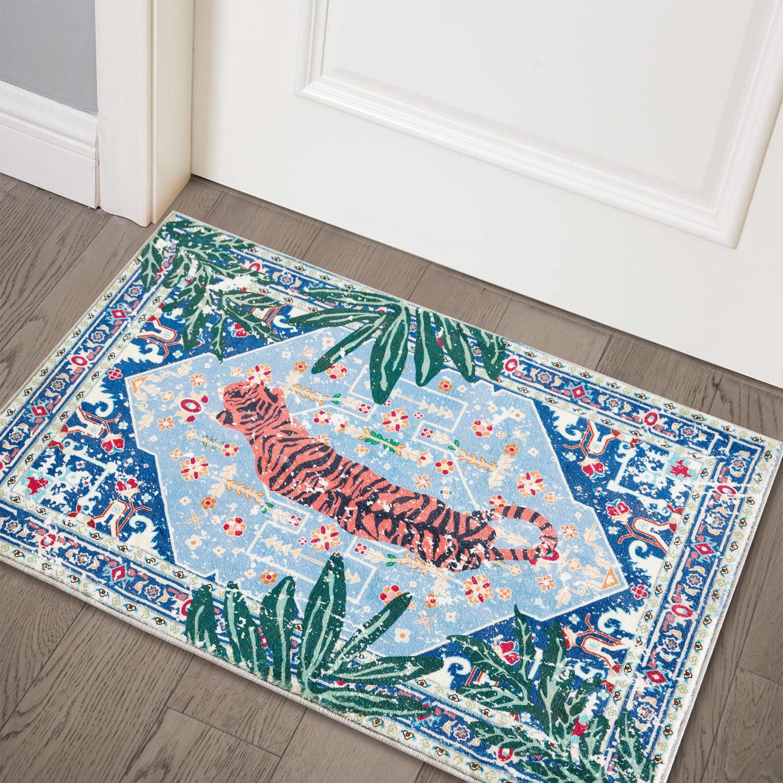 

Door Mat Pink Background Tiger & Tropical Palm Leaf Pattern Carpet Non Slip Print Entryway Rug for Boho Home Decoration 40cm x 60cm