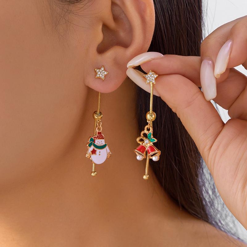 Asymmetric Santa Claus Christmas Tree Drop Earrings for Women with Zircon Star Snowman Bell Long Tassel - Festive Party Jewelry
