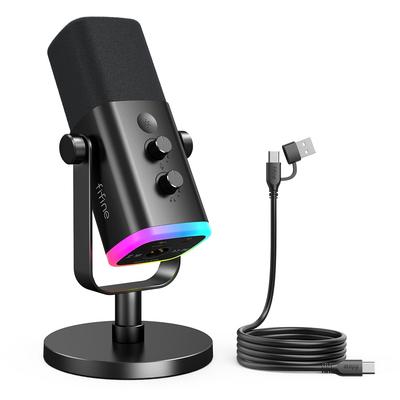 Microfone Dinâmico FIFINE AmpliGame AM8 para Jogos e Plug PS5 Jogo ao Vivo Volume Mudo RGB Cabo USB com Compatível com XLR Preto XLR/USB