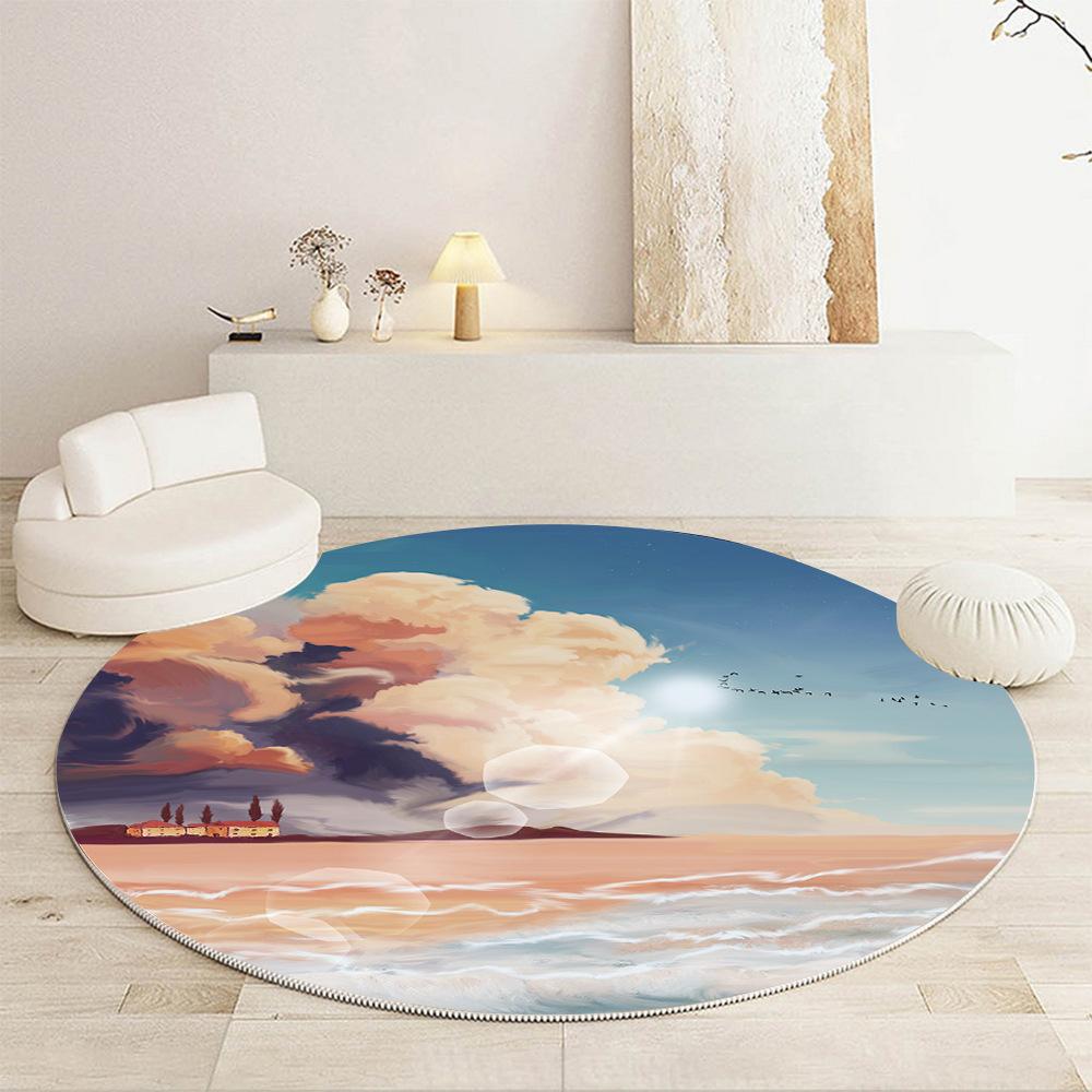 Luxury Beach Scenic Seaside Pattern Round Shape Floor Mats Kitchen Hallway Runner Rug Bedroom Living Room Soft Carpet Non-slip Area Rug