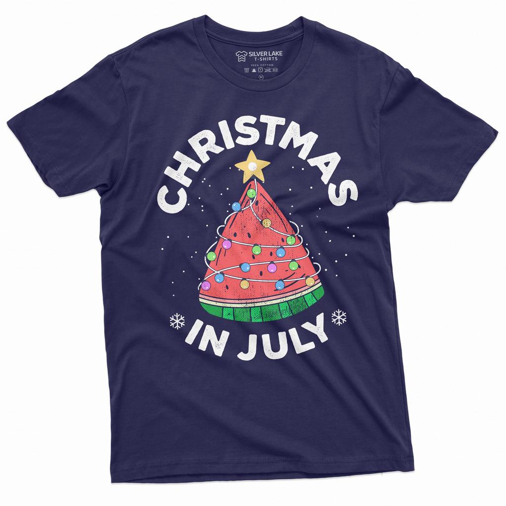 Men's Funny Christmas in July T-shirt Watermelon christmas tree mid-year report Xmas birthday gift tee