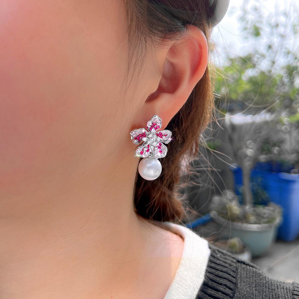 Needle French Light Luxury High-End Three-Dimensional Flower Pearl Earrings Design Zircon Pearl Ear Jewelry