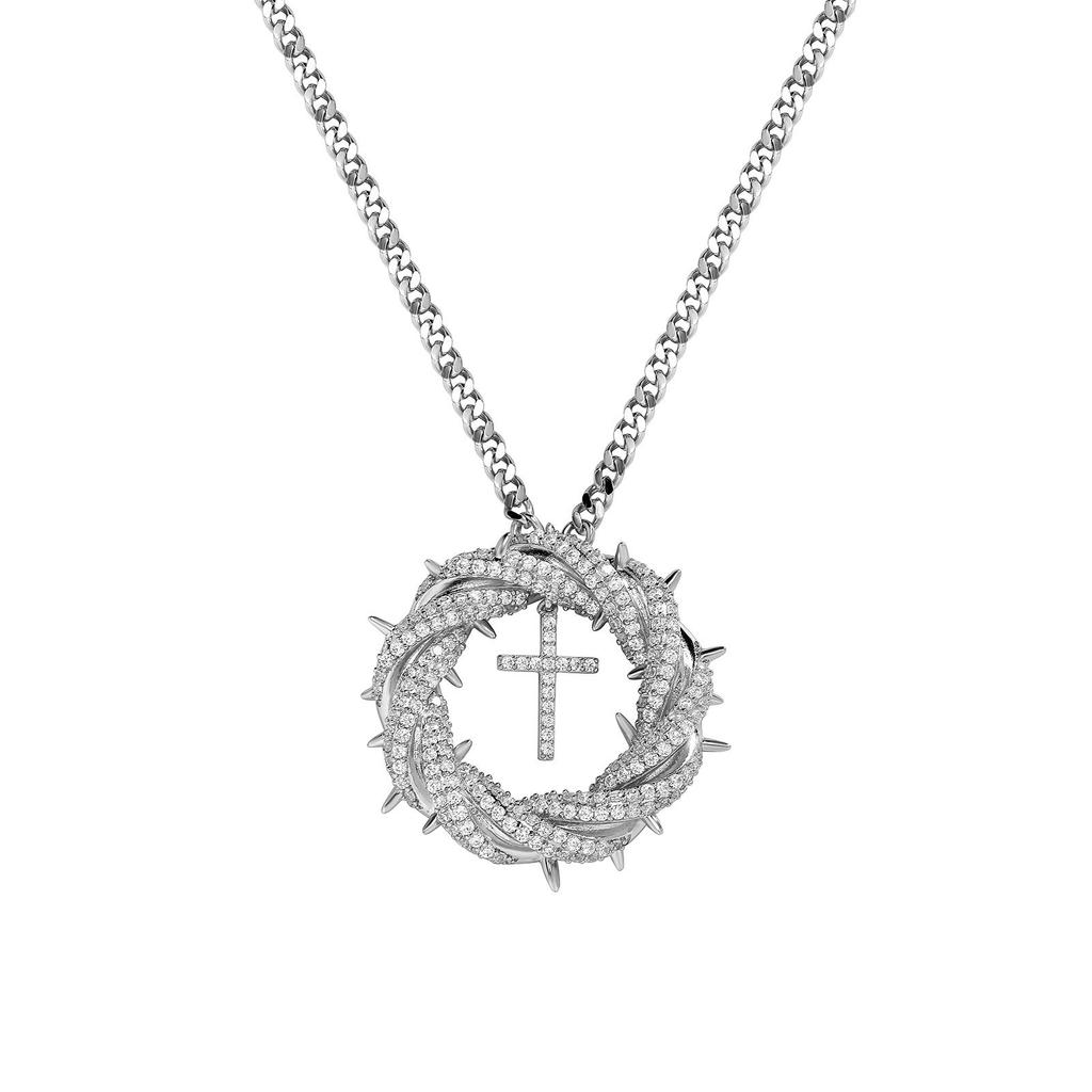 Creative Flower Twist Cross Micro-inlaid Copper Zircon Necklace Trend European and American Personality Hip Hop Pendant